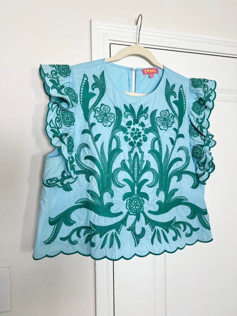 THML Light Blue + Green Embroidered Ruffle Sleeve Top - Size XXL